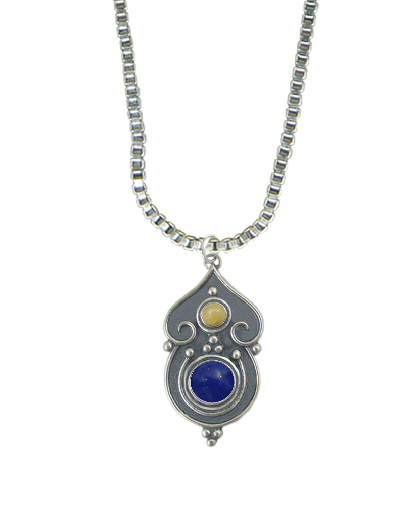 Sterling Silver Necklace Lapis Lazuli And Yellow Aragonite